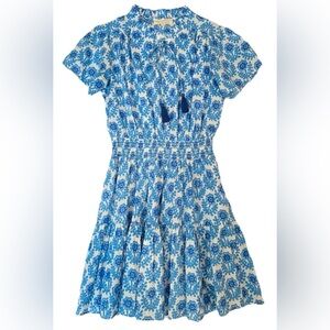 Ophelia + Indigo Mini Dress Blue Floral Cotton Smocked Waist Pockets Size XS